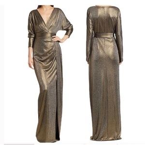 Gold metallic Teri Jon by Ricki Freeman floor length evening gown with side slit